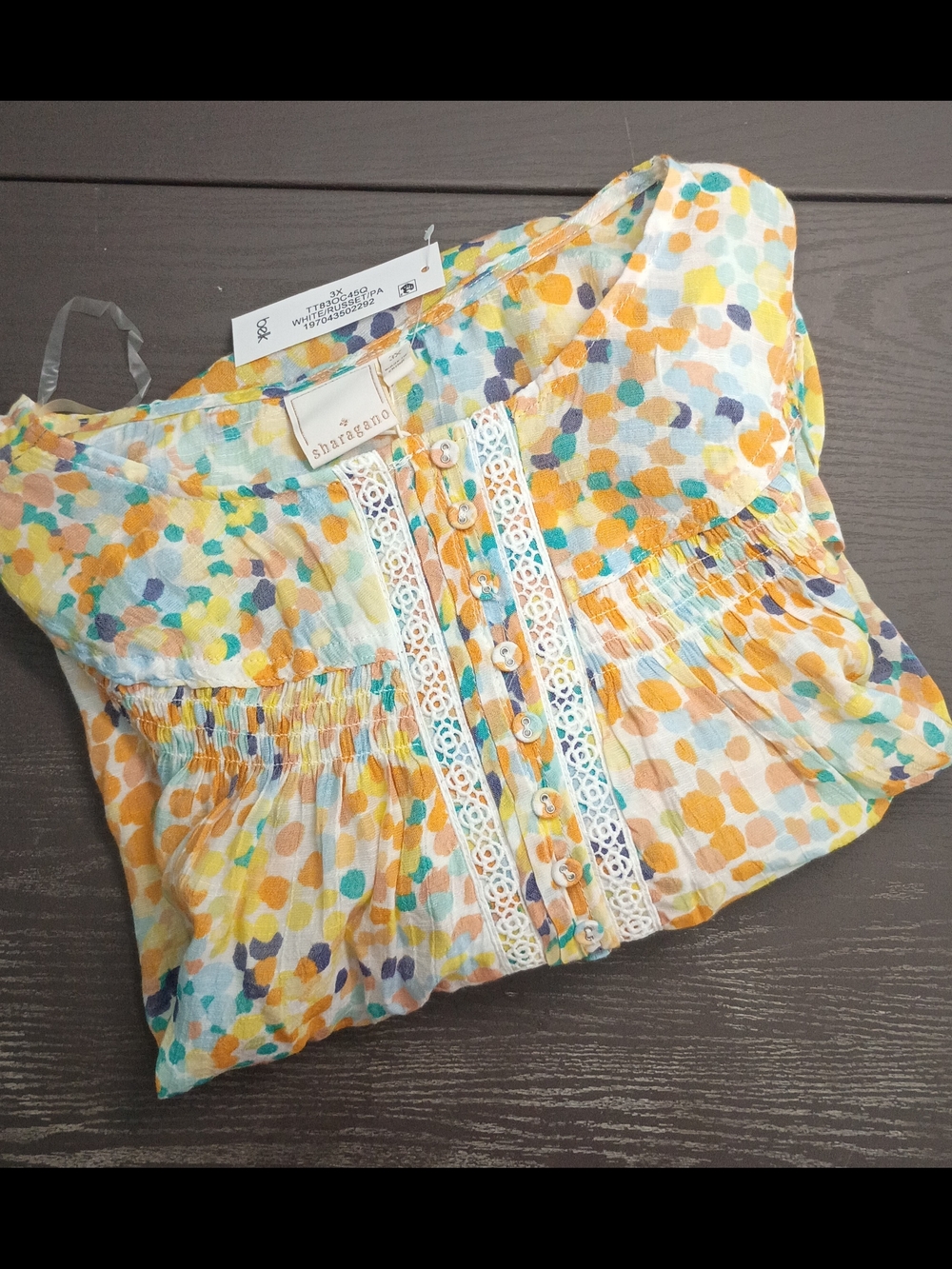 Sharagano White Blouse with Yellow, Teal & Blue Dot Print. NEW Women's 3X